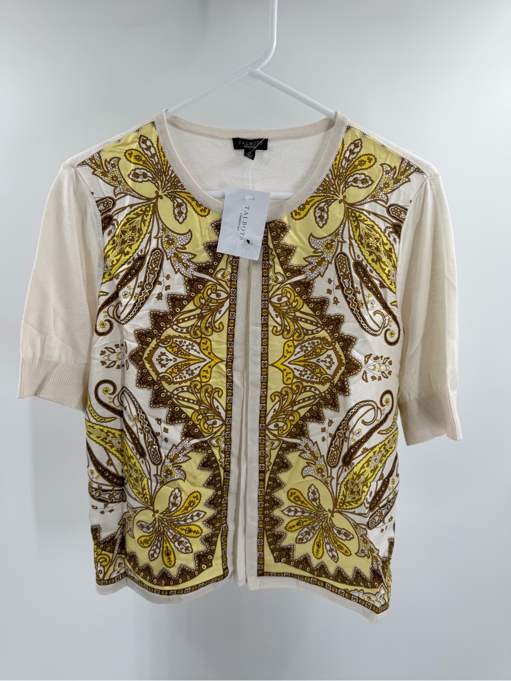 TALBOTS Ivory Yellow Paisley Scarf Print Silk Cardigan Sweater Top Medium New